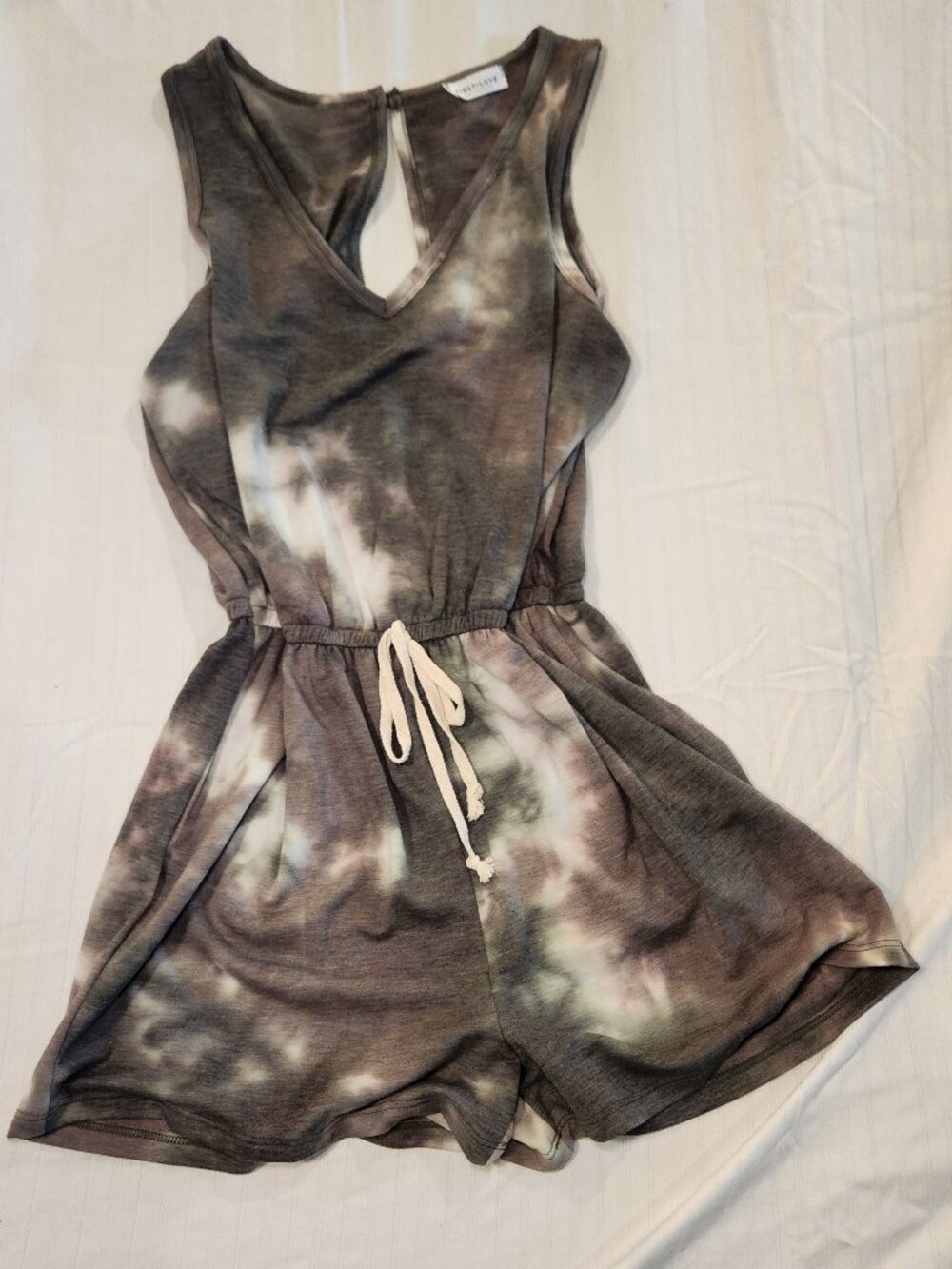 First Love by Lovelyn Charcoal Grey Tie Dye Keyhole Back Romper Large Made in US